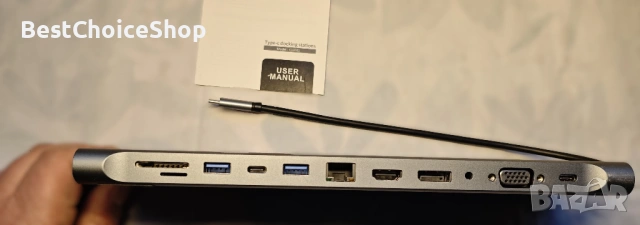 USB-C Докинг станция 12 в 1 Хъб с 3 монитора DP HDMI VGA адаптер – Лаптоп док, снимка 5 - Кабели и адаптери - 53519449