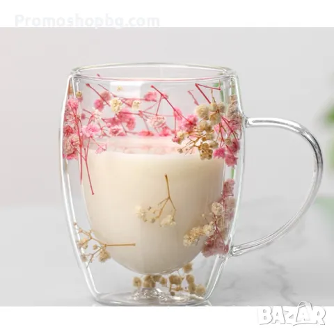 Двустенна Стъклена чаша със сухи цветя, боросиликатно стъкло, 300 мл, снимка 2 - Чаши - 49468848