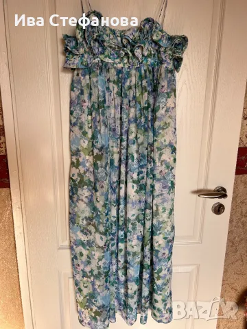Ефирна кукленска дълга нова  синьо зелена рокля флорален принт цветя висока талия Mango MNG Манго , снимка 2 - Рокли - 47261737