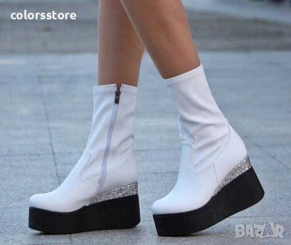 Боти на платформа - бяла кожа с бронз брокат и черно ходило - 121K