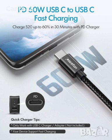 CLEEFUN USB C към USB C кабел 3 метра, за бързо зареждане PD 60 W, снимка 2 - USB кабели - 40125971