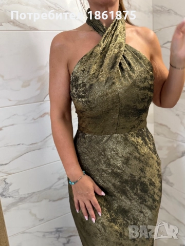 Елегантна рокля в златисто и зелени, снимка 3 - Рокли - 51830107
