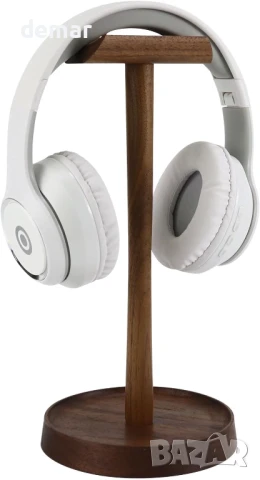 Дървена стойка за слушалки, подвижна стойка за слушалки от орехово дърво с тава за съхранение