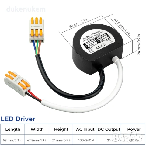LED трансформатор 24V 30W IP67 – кръгъл, водоустойчив, за външна и вътрешна употреба, снимка 3 - Лед осветление - 53268242