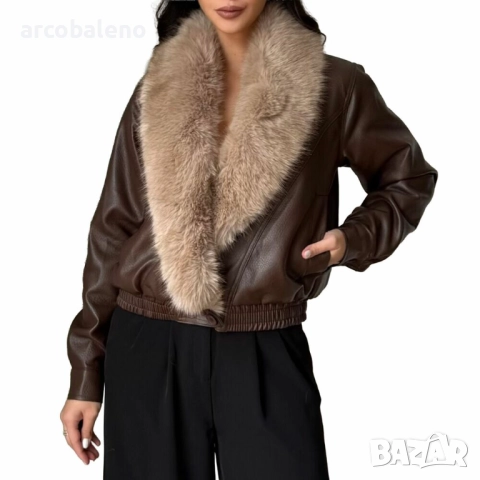 Дамско яке от изкуствена кожа с яка от изкуствена кожа, 5цвята , снимка 3 - Якета - 52459090