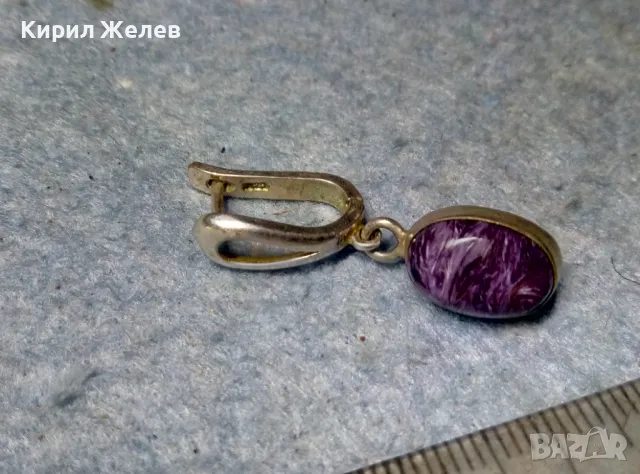 СТАРА ПОСРЕБРЕНА РЕТРО АРТ СТИЛ СКЪПОЦЕННА ОБЕЦА с ШЛИФОВАН АМЕТИСТ 47937, снимка 4 - Обеци - 49001779