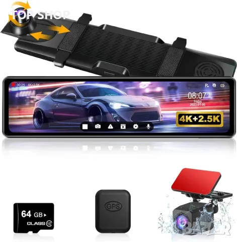 4K GPS Dash Cam 12'' Mirror Dash Cam с 64GB SD карта, снимка 9 - Аксесоари и консумативи - 48631096