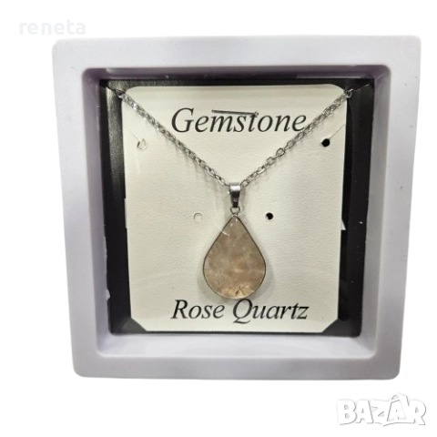 Колие с висулка, Розов кварц, Стомана, Сребрист