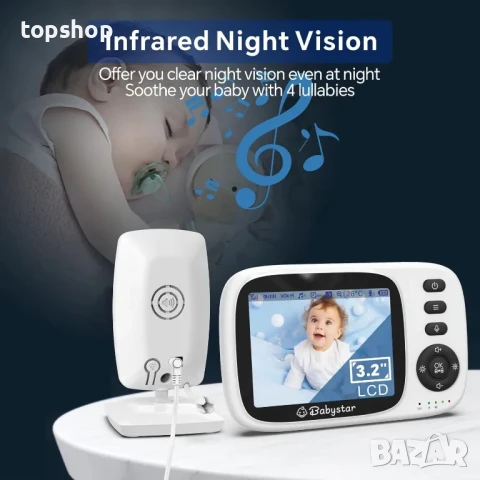 НОВ бебефон Babystar с камера и нощно виждане, 3,2-инчов екран безжичен, VOX, двупосочно аудио..., снимка 7 - Бебефони - 50559883