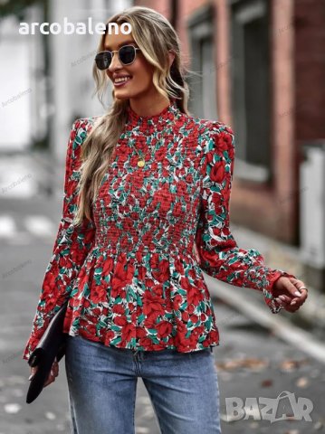 Дамска блуза с дълги ръкави с висока яка и плисирани краища, 2цвята, снимка 2 - Блузи с дълъг ръкав и пуловери - 39367566