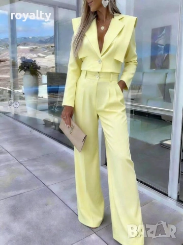 Елегантен жълт костюм късо сако с панталон