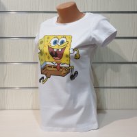 Нова дамска бяла тениска с дигитален печат Спондж боб, SpongeBob, снимка 3 - Тениски - 35577712
