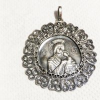 Възрожденска Сребърна икона, амулет, накит, медальон с Богородица, Дева Мария - Панагия 60 мм - Бого, снимка 6 - Антикварни и старинни предмети - 32350179