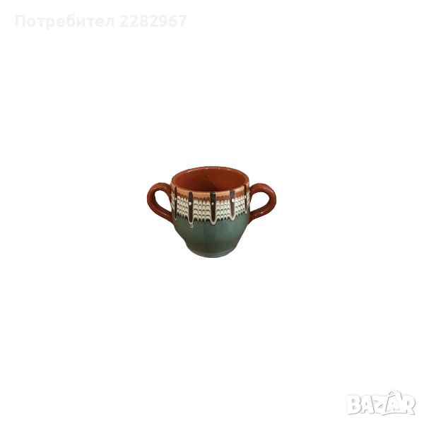 НОВА!!! Чаша за супа с 2 дръжки - зелена, троянска шарка, снимка 1