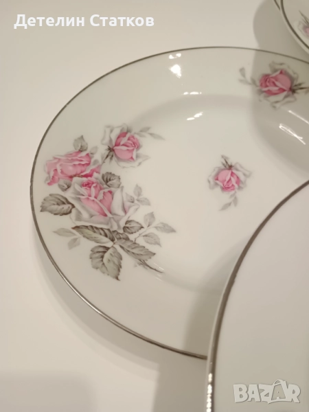 6 бр. порцеланови чинии 23 см. с флорален декор и сребрист кант, снимка 1