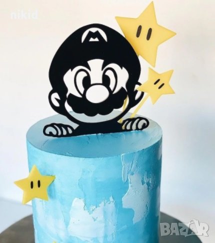 Супер Марио Super Mario и звезди черен пластмасов топер украса табела за торта рожден ден, снимка 1