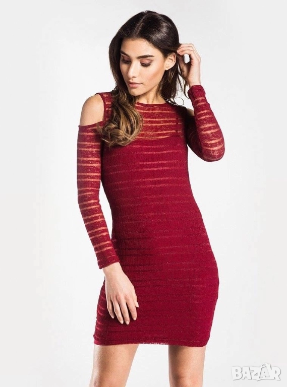 Разпродажба спешно! Рокля с дълъг ръкав бордо и бяла еластични, снимка 1