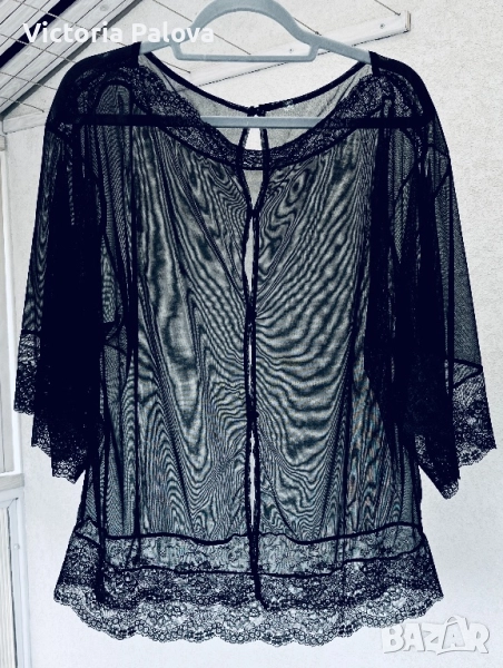 Ефирна черна блуза тюл с дантела, снимка 1