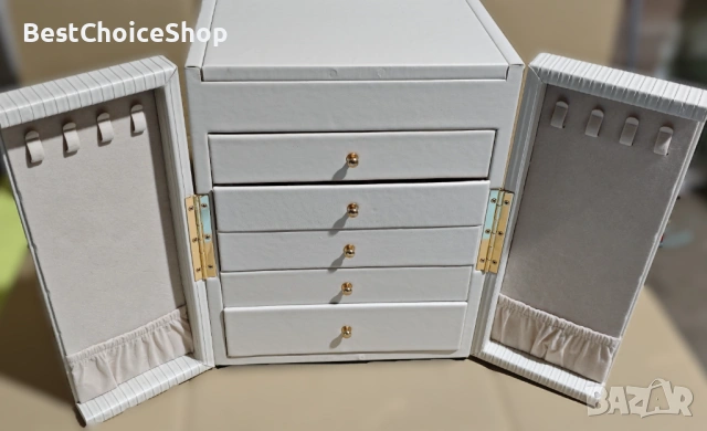 Kутия за бижута. Голяма 6-етажна с 5 чекмеджета и огледало за пръстени и колиета, снимка 3 - Колиета, медальони, синджири - 53083147