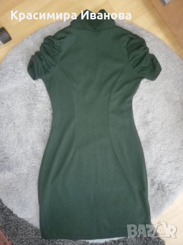 Зелена рокля с джобчета и буфон ръкав , снимка 2 - Рокли - 27397469