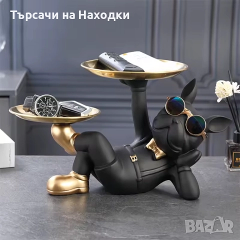 Декоративен поднос - куче булдог с подноси луксозен аксесоар статуетка, снимка 2 - Декорация за дома - 51821934