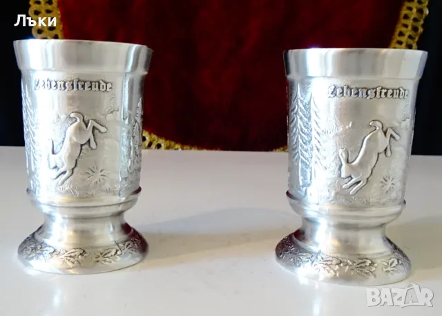 Чаша от калай на столче,Ловец,заек. , снимка 3 - Антикварни и старинни предмети - 47904491