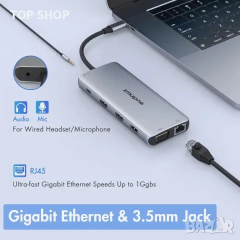 USB C докинг станция с двоен монитор, 12 в 1 за лаптоп с 2 HDMI, VGA, 2 USB 3.0, 2 USB 2.0, 100 W PD, снимка 6 - Друга електроника - 49457579