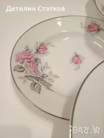 6 бр. порцеланови чинии 23 см. с флорален декор и сребрист кант