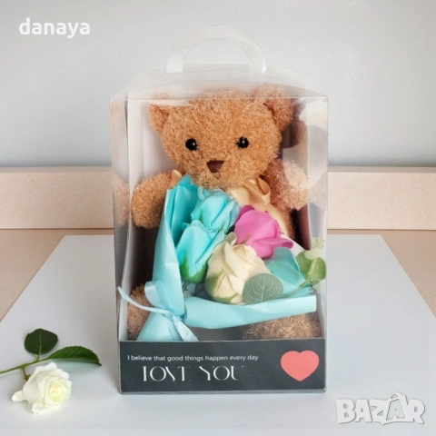 6376 Плюшено мече с букет рози в подаръчна кутия, романтичен подарък, 27 см, снимка 6 - Декорация за дома - 53291418