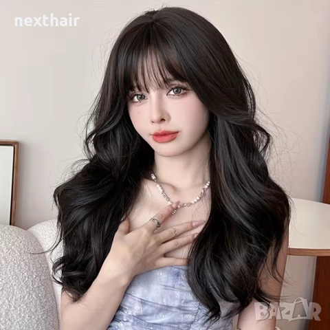 Синтетична тъмно кафява чуплива перука - 70 см с бретон и зиг-заг път, снимка 7 - Аксесоари за коса - 52460048