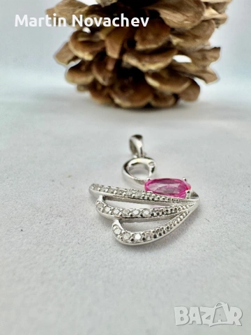 Сребърна висулка лебед с естествен розов топаз, снимка 3 - Колиета, медальони, синджири - 53331829