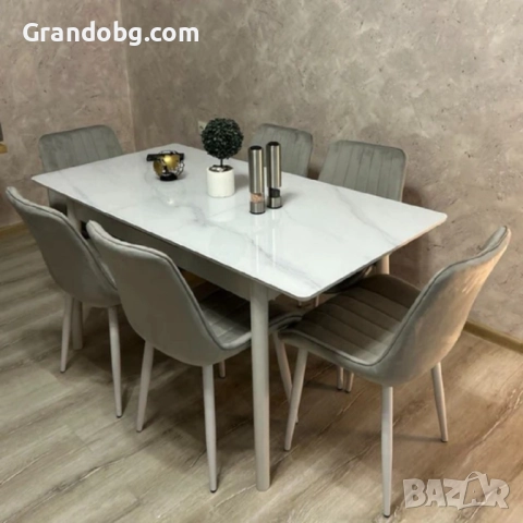 Комплект трапезна разтегателна маса със закалено стъкло и 6 стола Лорета, снимка 2 - Маси - 52253000