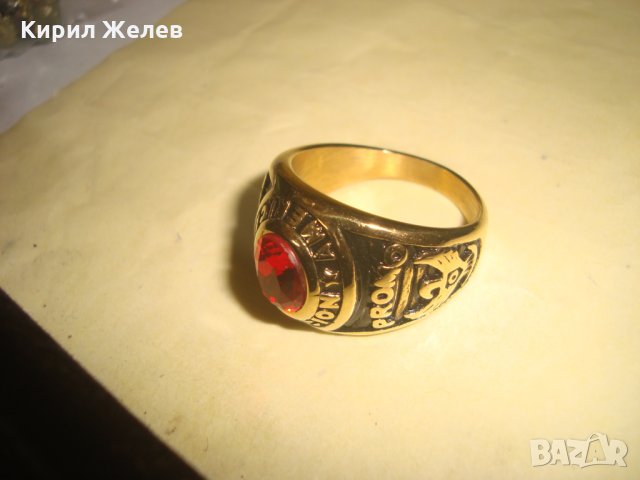 АМЕРИКАНСКИ КОЛЕЖАНСКИ РЯДЪК ПОЗЛАТЕН ПРЪСТЕН от БЛАГОРОДНА СТОМАНА с ФАСЕТИРАН РУБИН 17127, снимка 8 - Пръстени - 33050249