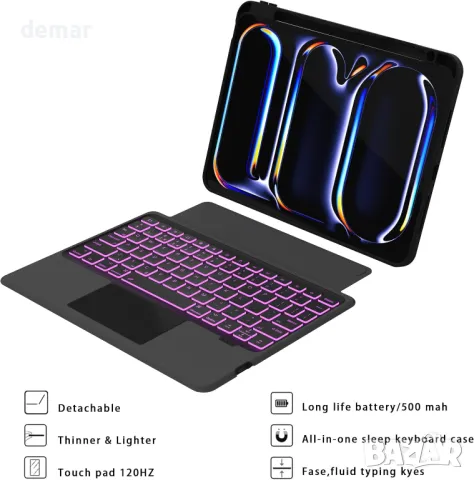 ROOFEI Калъф с клавиатура за iPad Pro 11-инчов (M4, 2024, A2836,A2837,A3006), 7 цветна подсветка, снимка 9 - Таблети - 48864225