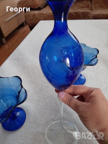 Чаши за мелба и ваза -синьо стъкло, снимка 4 - Чаши - 40334634