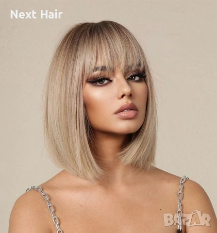 Пепеляво руса перука 35 см с тъмни корени и бретон, снимка 8 - Аксесоари за коса - 53454414