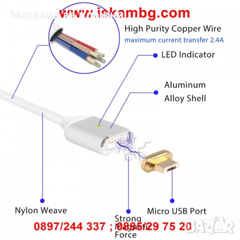 Магнитен микро USB кабел за зареждане на телефони, снимка 12 - USB кабели - 28450911