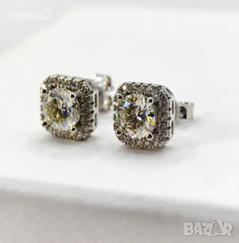 Сребърни 925 Обеци С Мойсанит 1 Карат общо 2 Карата и Циркони!, снимка 3 - Обеци - 49411025