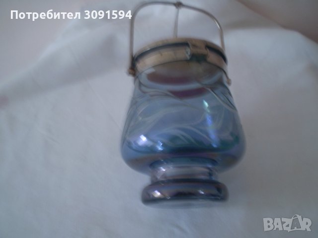 Стара захарница ръчно гравирано синьо стъкло свързвано с метален капак , снимка 5 - Аксесоари за кухня - 37314350