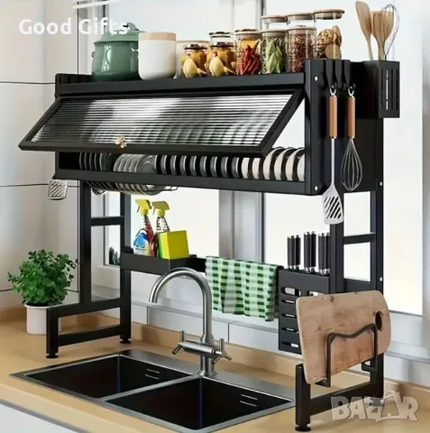 Мултифункционален Отцедник за съдове Над мивка, С врата, С поставка за прибори, 2 нива, Черен