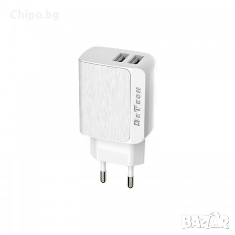 Мрежово зарядно устройство DeTech, DE-09, 5V/2.4A 220V, 2 x USB, Бял, снимка 1