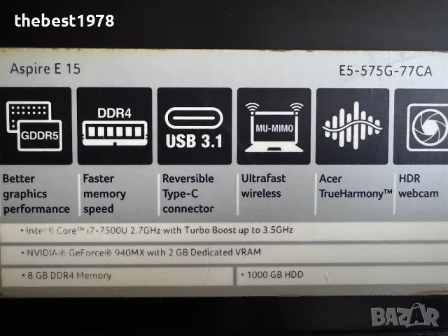 15,6 FHD Acer E5`Core i7-7500U/12GB DDR4/256GB SSD/Nvidia 940MX/Бат 4ч, снимка 4 - Лаптопи за игри - 48030747