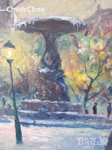 61х53см/абстрактна картина масло върху платно/градски пейзаж-зима-фонтан/дървена рамка, снимка 6 - Картини - 51019825