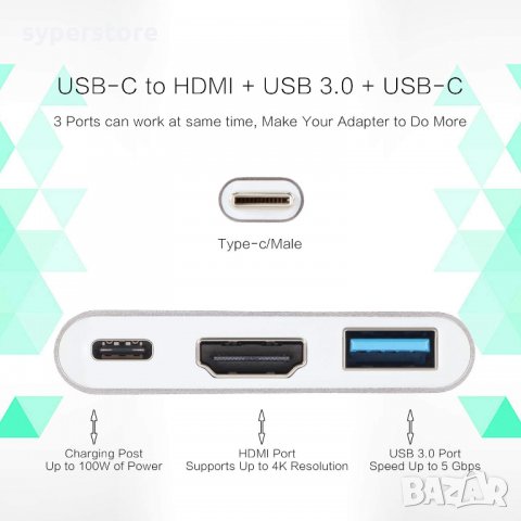 Преходник от TypeC към HDMI USB3.0 TypeC SS000105 Адаптер TypeC към HDMI Докинг Станция Adapter Type, снимка 3 - USB кабели - 28643711