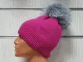 Нова зимна дамска шапка с камъчета с пух/помпон в цвят циклама, снимка 9