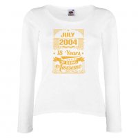 Дамска Тениска JULY 2004 18 YEARS BEING AWESOME Подарък,Ианенада,Празмик , снимка 4 - Тениски - 37080553