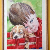 Момченце с кученце на червена пейка, снимка 1 - Декорация за дома - 27026753