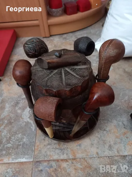 Шест броя лули с дървена поставка , снимка 1