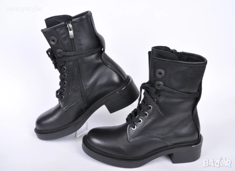 НОВО! Кожени дамски боти с връзки и цип, снимка 1