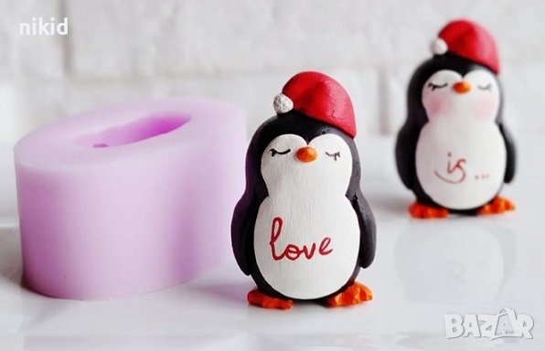 3D Пингвин коледен с шапка силиконов молд форма фондан шоколад гипс сапун украса декор кубчета имена, снимка 1